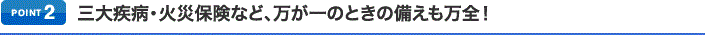 ポイント2 三大疾病・火災保険など、万が一のときの備えも万全！