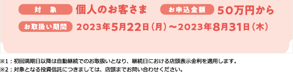 対象：個人のお客さま　お申込金額：50万円から　お取扱い期間：2023年5月22日（月）～2023年8月31日（木）