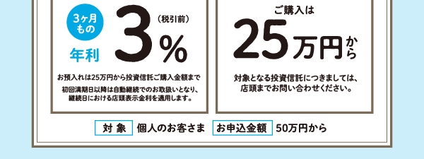 定期預金3ヶ月もの年利3%/投資信託ご購入は25万円から